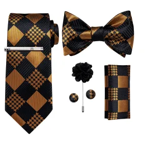 Black Brown Pliad Bowtie Necktie  Hanky Cufflinks Brooch Clip Set