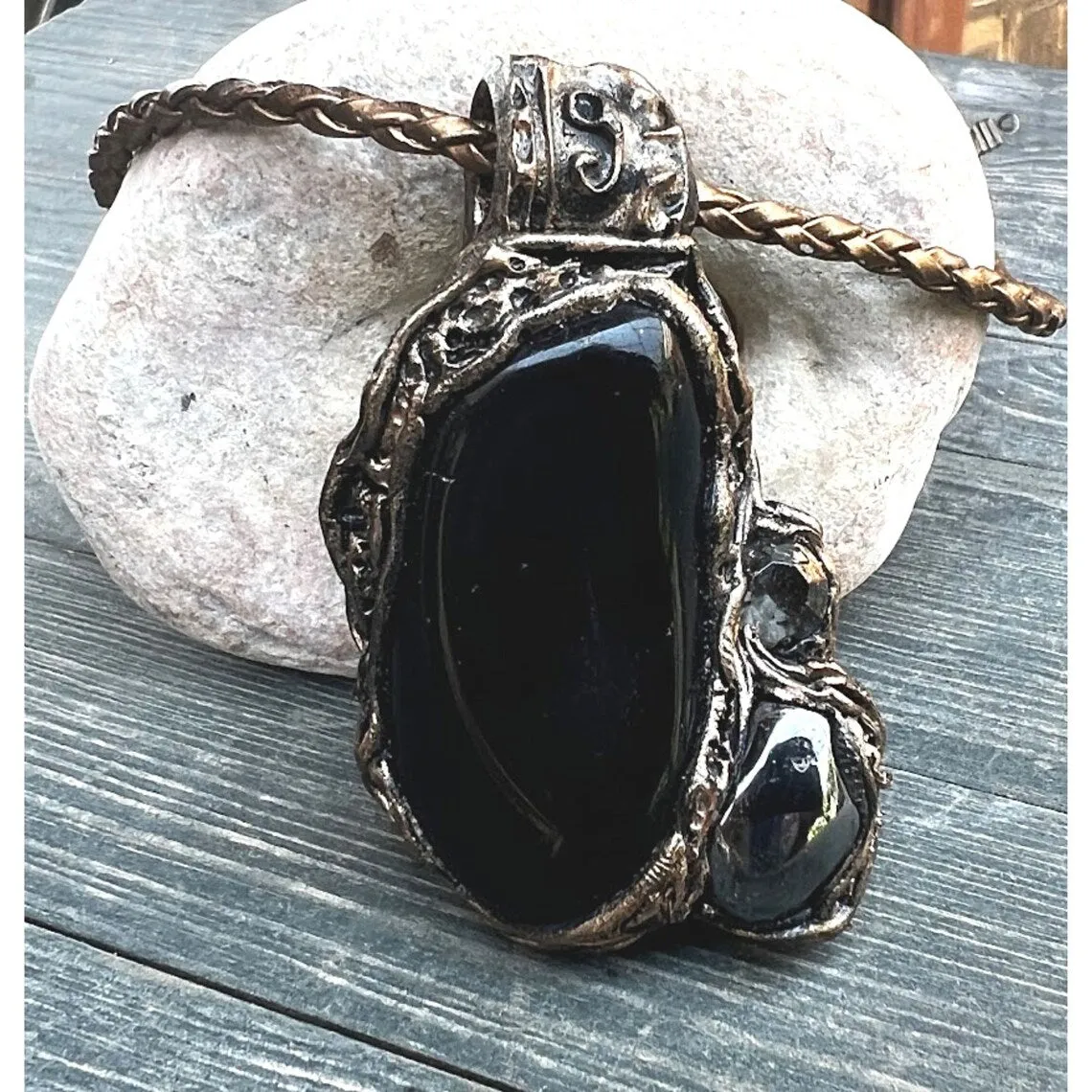 Black Obsidian & Hematite pendant, protection stone necklace