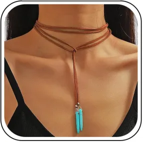 Boho Choker Necklaces Brown Long Wrap Adjustable Western Cowgirl Necklace Choker for Women