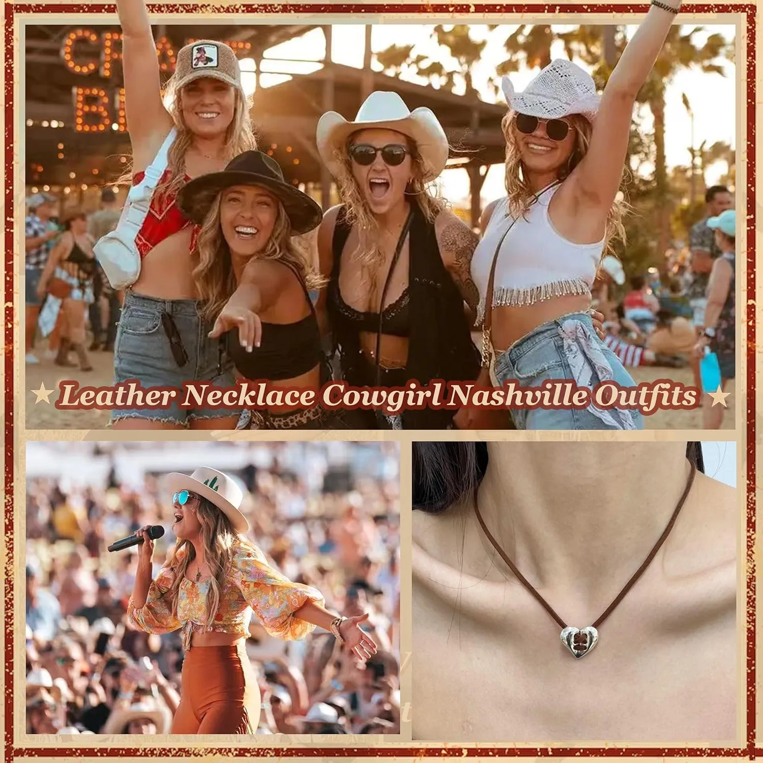 Boho Necklaces for Women Country Concert Outfits Black Choker Necklace Long Necklaces Western Jewelry Long Brown Suede Wrap Leather Necklace Cowgirl Nashville Outfits for Women