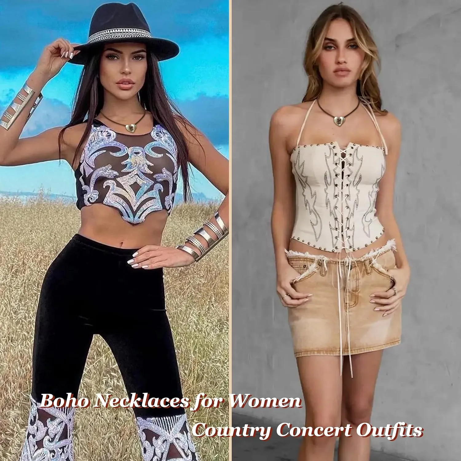 Boho Necklaces for Women Country Concert Outfits Black Choker Necklace Long Necklaces Western Jewelry Long Brown Suede Wrap Leather Necklace Cowgirl Nashville Outfits for Women