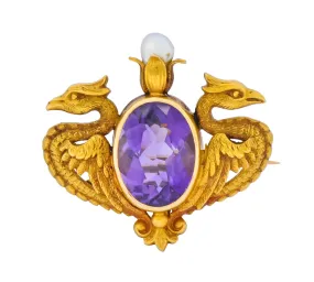 Carter & Gough Art Nouveau Amethyst Pearl 14 Karat Gold Winged Basilisk Brooch Circa 1900