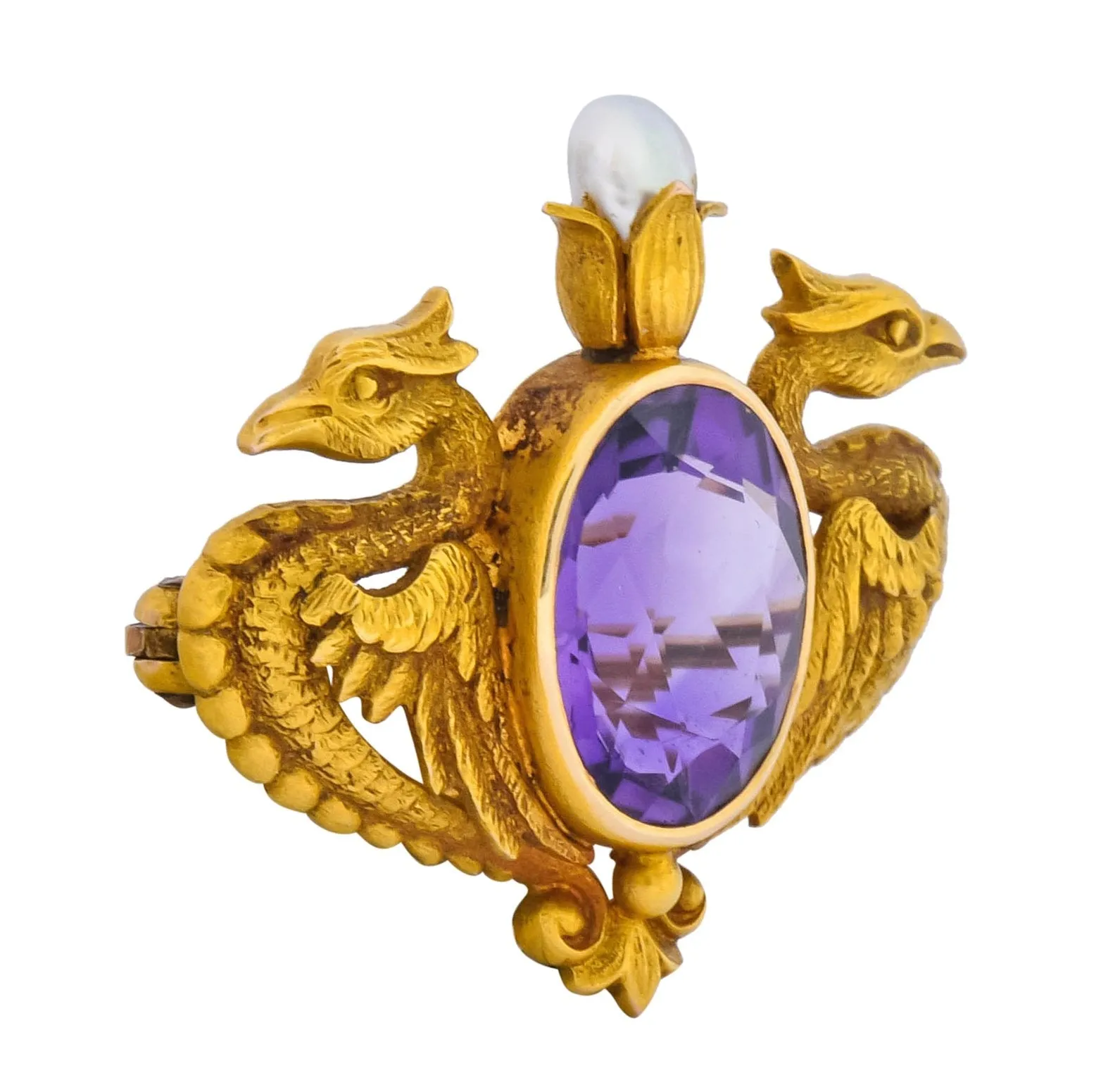 Carter & Gough Art Nouveau Amethyst Pearl 14 Karat Gold Winged Basilisk Brooch Circa 1900