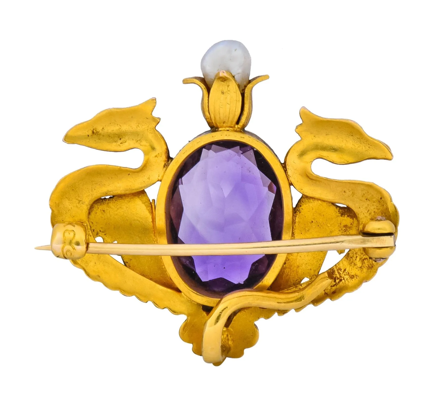 Carter & Gough Art Nouveau Amethyst Pearl 14 Karat Gold Winged Basilisk Brooch Circa 1900