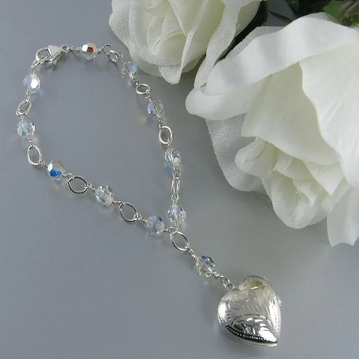 Clear Crystal Sterling Silver Heart Photo Locket Bracelet, Crystal Photo Locket Bracelet
