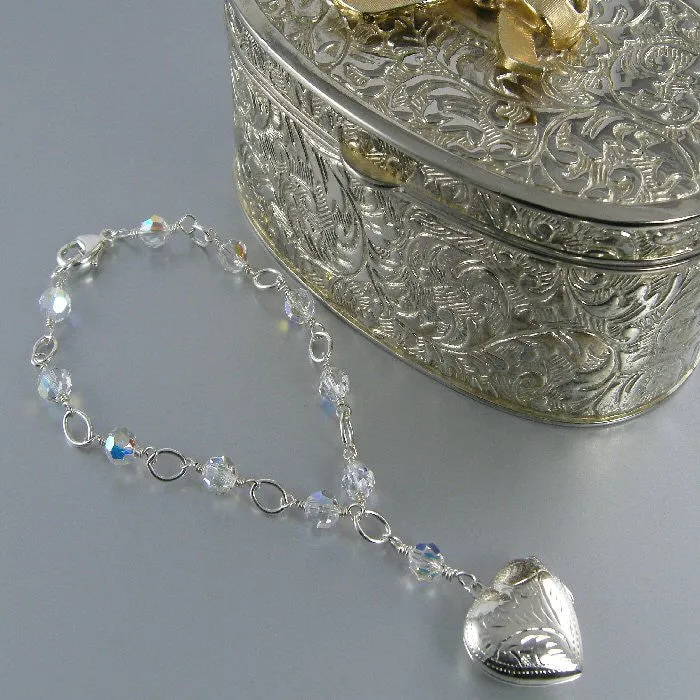 Clear Crystal Sterling Silver Heart Photo Locket Bracelet, Crystal Photo Locket Bracelet