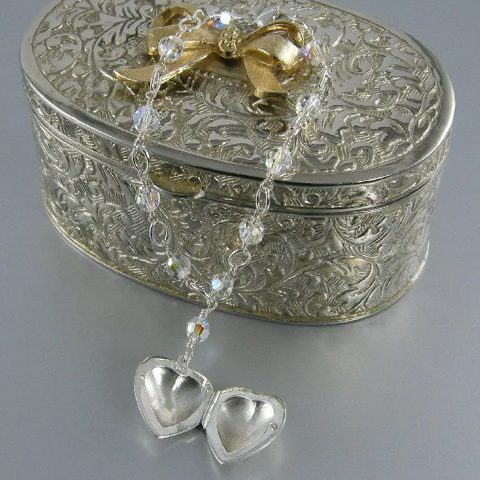 Clear Crystal Sterling Silver Heart Photo Locket Bracelet, Crystal Photo Locket Bracelet