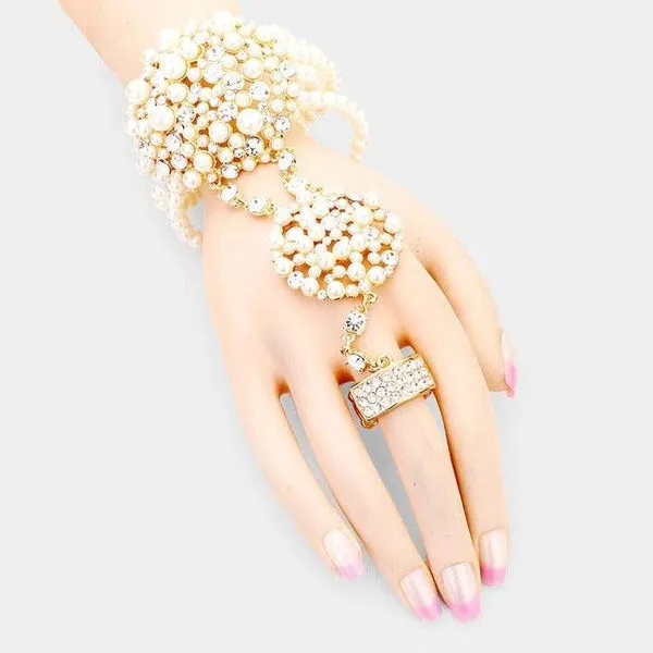 Cream Pearl Crystal Rhinestone Stretch Gold Hand Chain Bracelet