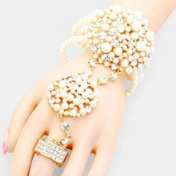 Cream Pearl Crystal Rhinestone Stretch Gold Hand Chain Bracelet