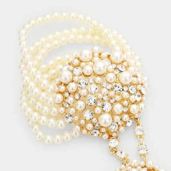 Cream Pearl Crystal Rhinestone Stretch Gold Hand Chain Bracelet