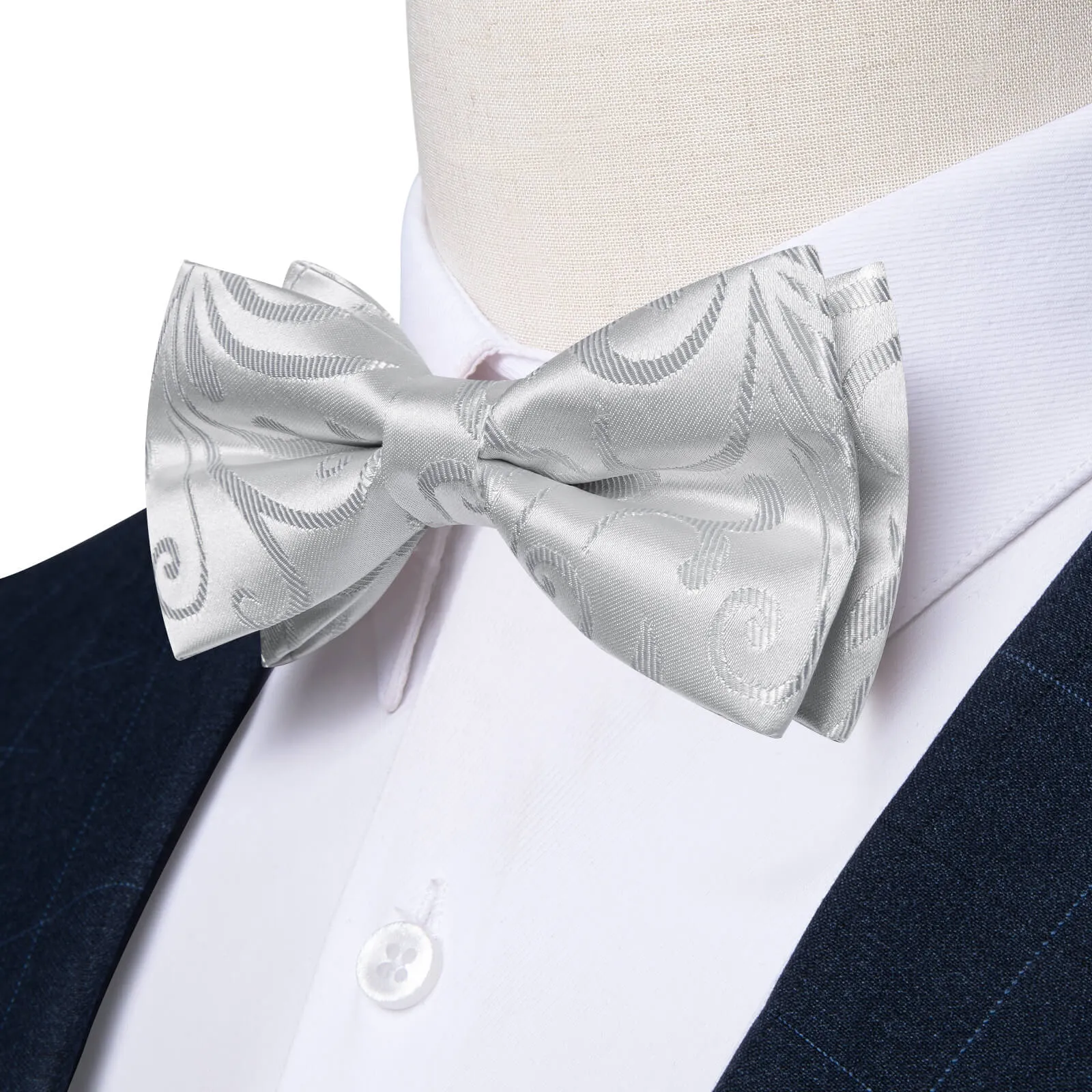 DiBanGu Men's Pre-Bow Tie Light Gray Floral Silk Bowtie Hanky Cufflinks Set