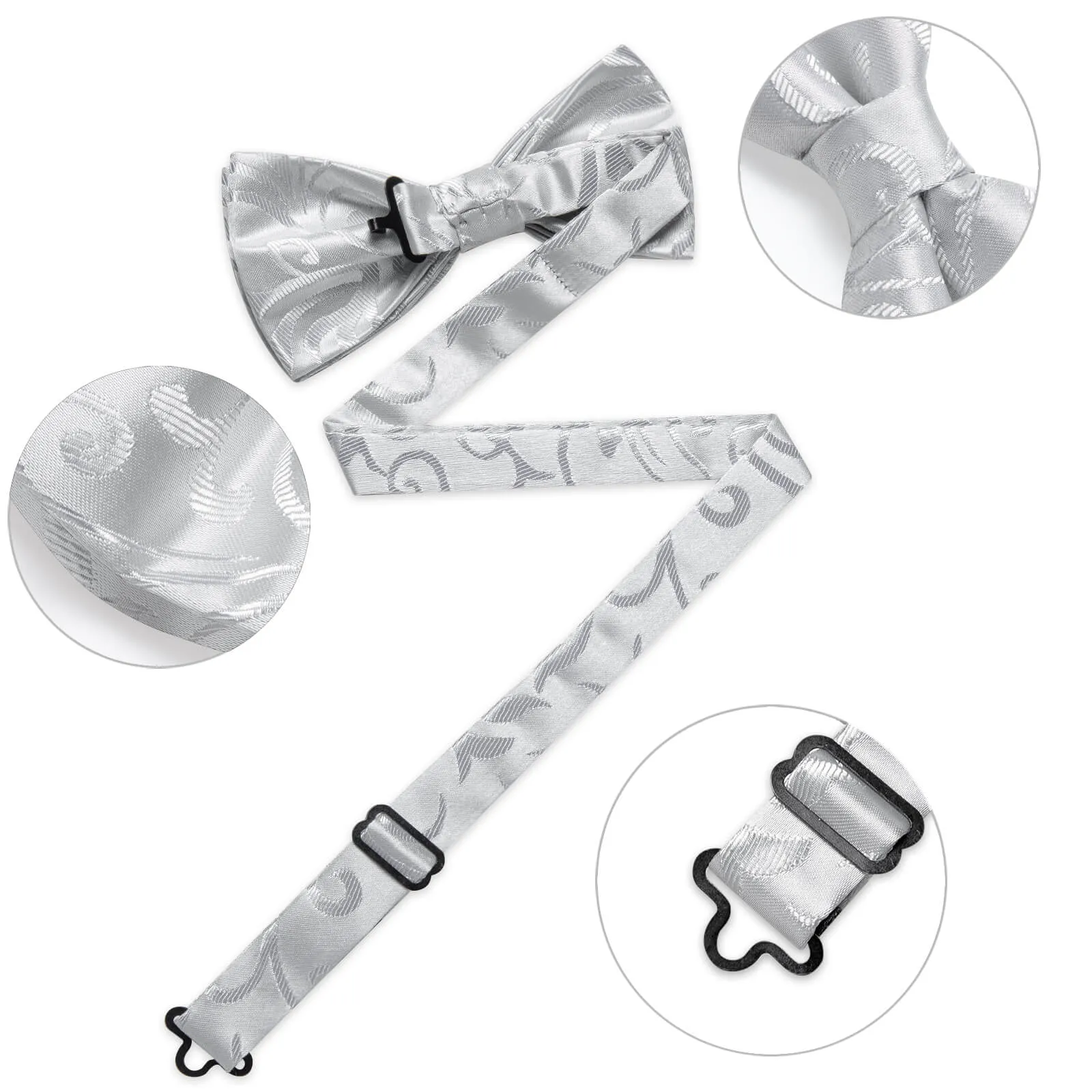 DiBanGu Men's Pre-Bow Tie Light Gray Floral Silk Bowtie Hanky Cufflinks Set