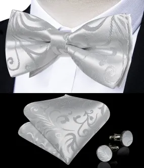 DiBanGu Men's Pre-Bow Tie Light Gray Floral Silk Bowtie Hanky Cufflinks Set