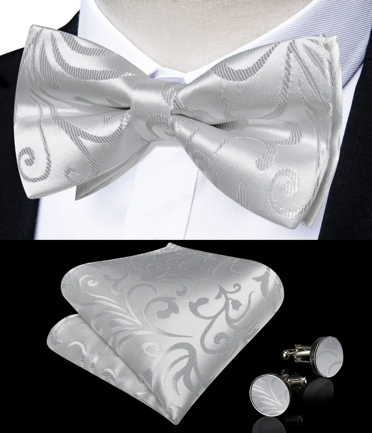 DiBanGu Men's Pre-Bow Tie Light Gray Floral Silk Bowtie Hanky Cufflinks Set