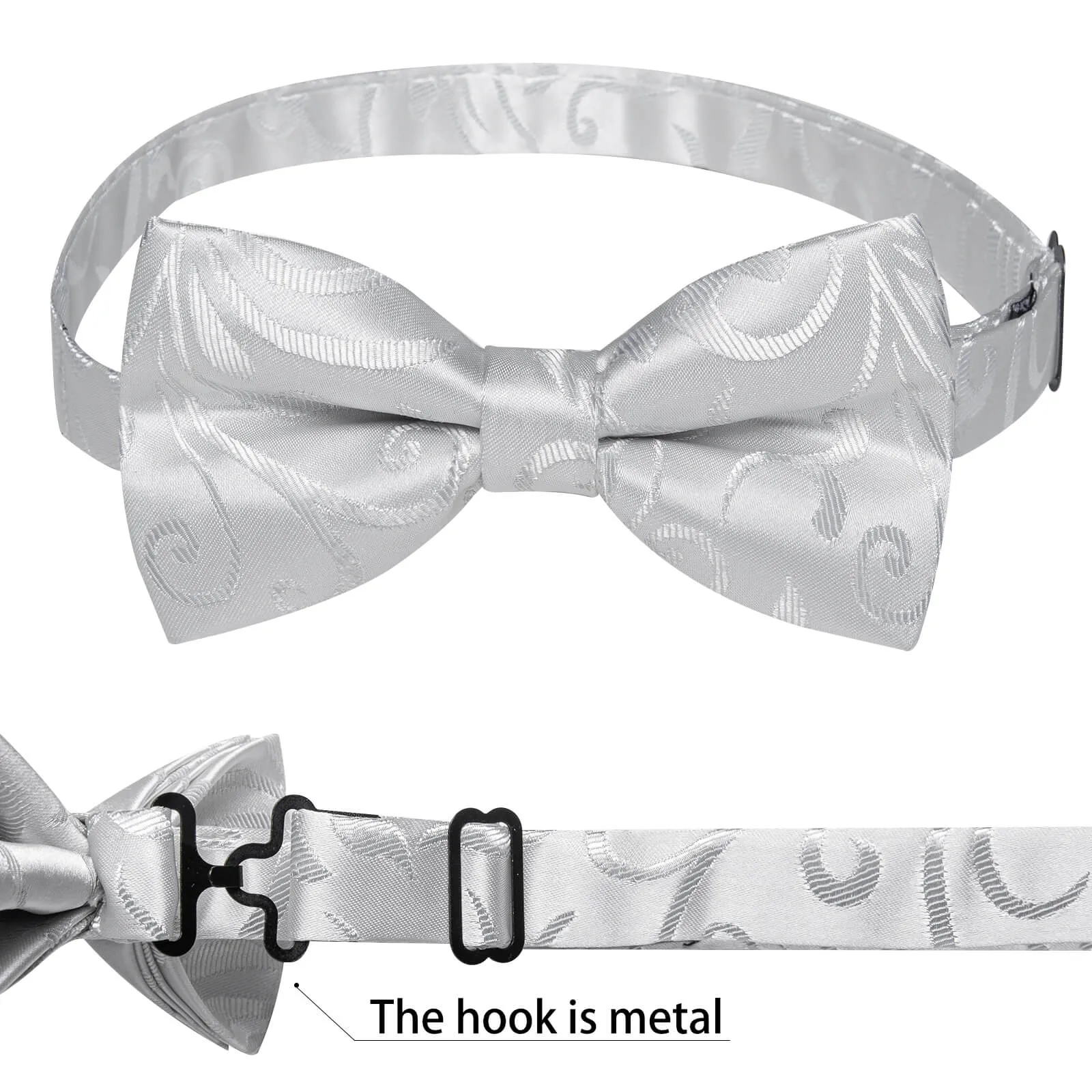 DiBanGu Men's Pre-Bow Tie Light Gray Floral Silk Bowtie Hanky Cufflinks Set