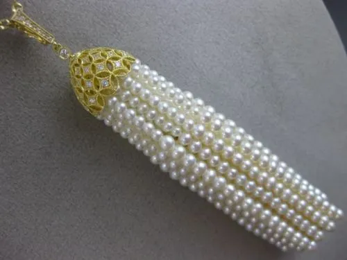 ESTATE EXTRA LARGE .51CT DIAMOND & AAA PEARL 18KT YELLOW GOLD 3D TASSLE NECKLACE