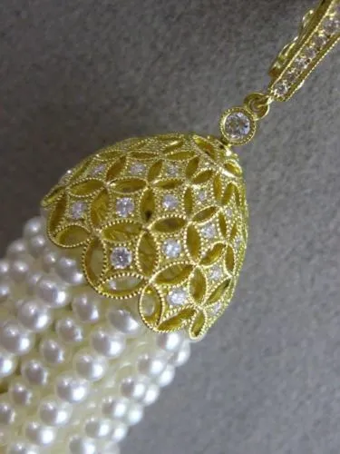 ESTATE EXTRA LARGE .51CT DIAMOND & AAA PEARL 18KT YELLOW GOLD 3D TASSLE NECKLACE