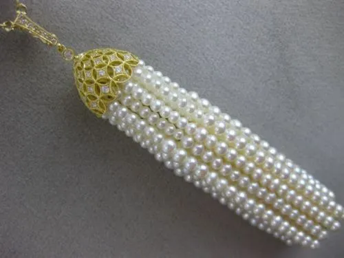 ESTATE EXTRA LARGE .51CT DIAMOND & AAA PEARL 18KT YELLOW GOLD 3D TASSLE NECKLACE