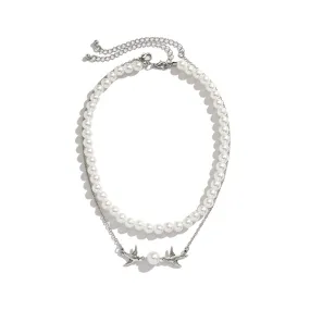 European and American Style Jewelry: Elegant Beaded Pendant, Delicate Collarbone Necklace, Unique Imitation Pearl Double-layered Bird Necklace for Women