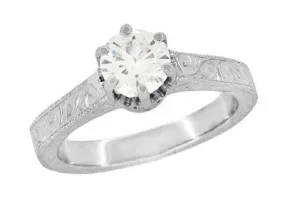Filigree Scrolls Art Deco Crown Engraved 1 Carat White Sapphire Engagement Ring in 18 Karat White Gold
