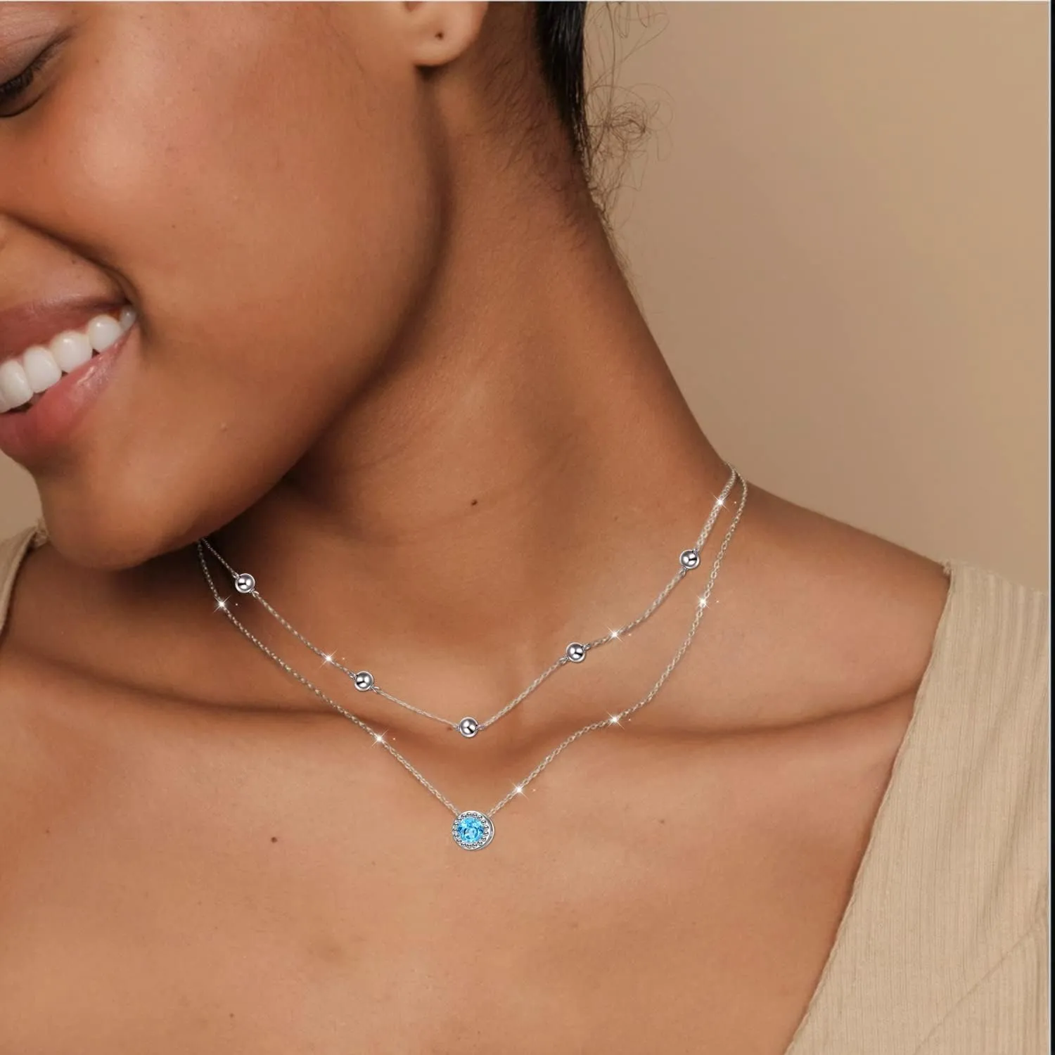 FLYOW Clavicle Choker Necklace for Women Sterling Silver Solitaire Cubic Zirconia Short Necklace Simple Beads Chain Birthday Christmas Gifts for Women Mother Wife
