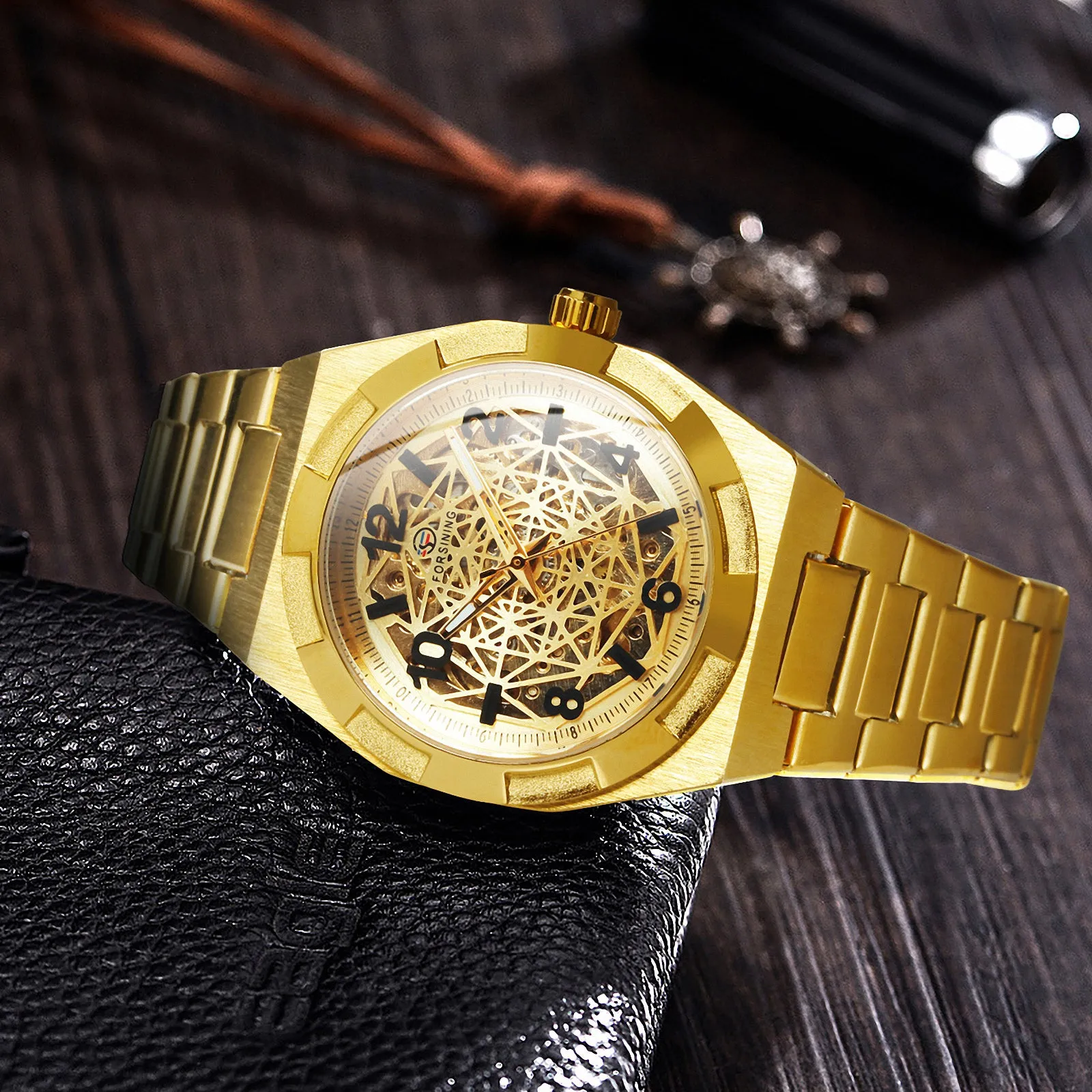 Forsining Luxury Irregular Gold Skeleton Automatic Mechanical Mens Watch TM 344G Stainless Steel Strap Luminous Hands