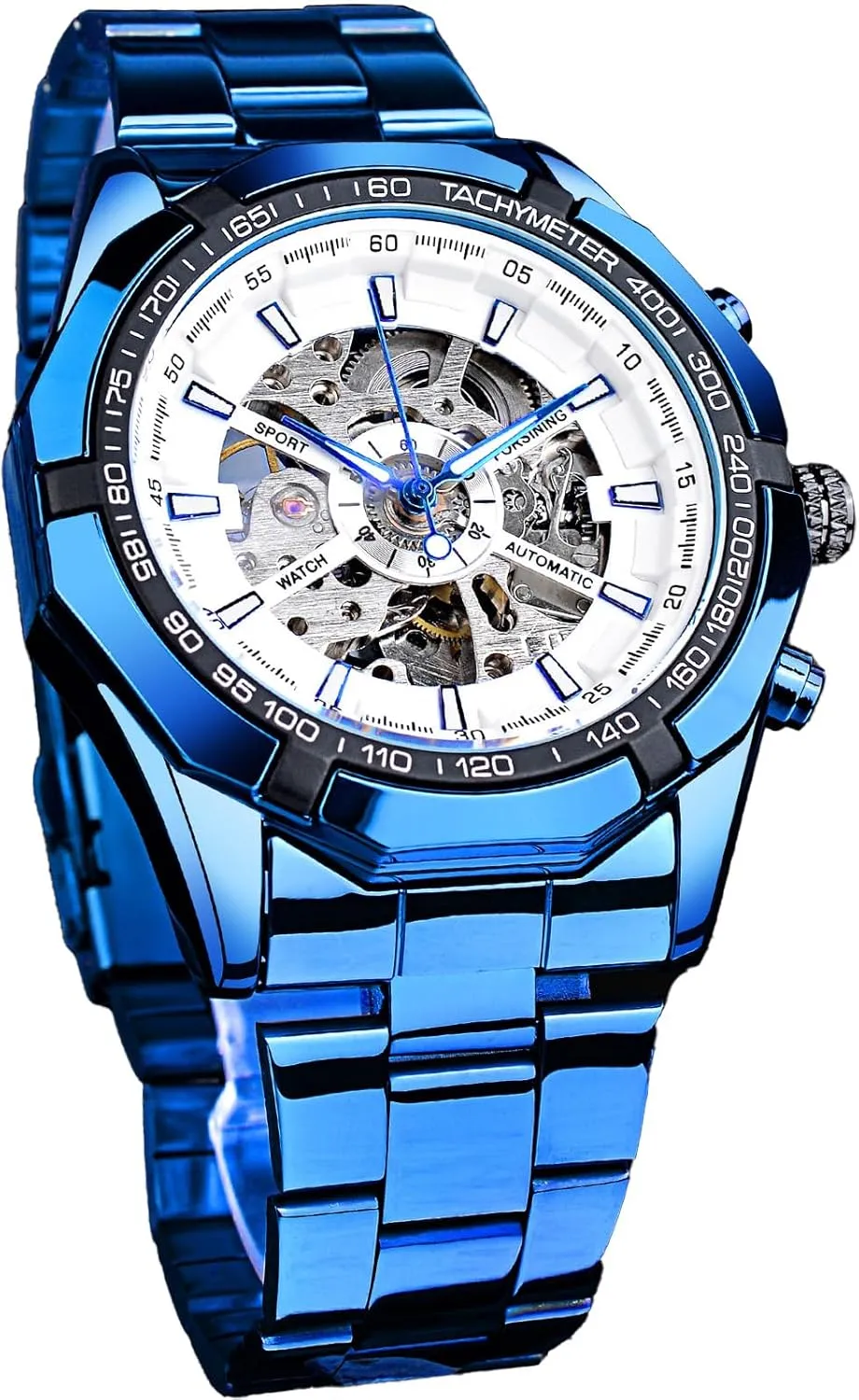 FORSINING Men's Watch Self-Wind Skeleton Hollow Out Mechanical Automatic Luxury Watches, Blue Black Stainless Steel Band Waterproof Wristwatch
