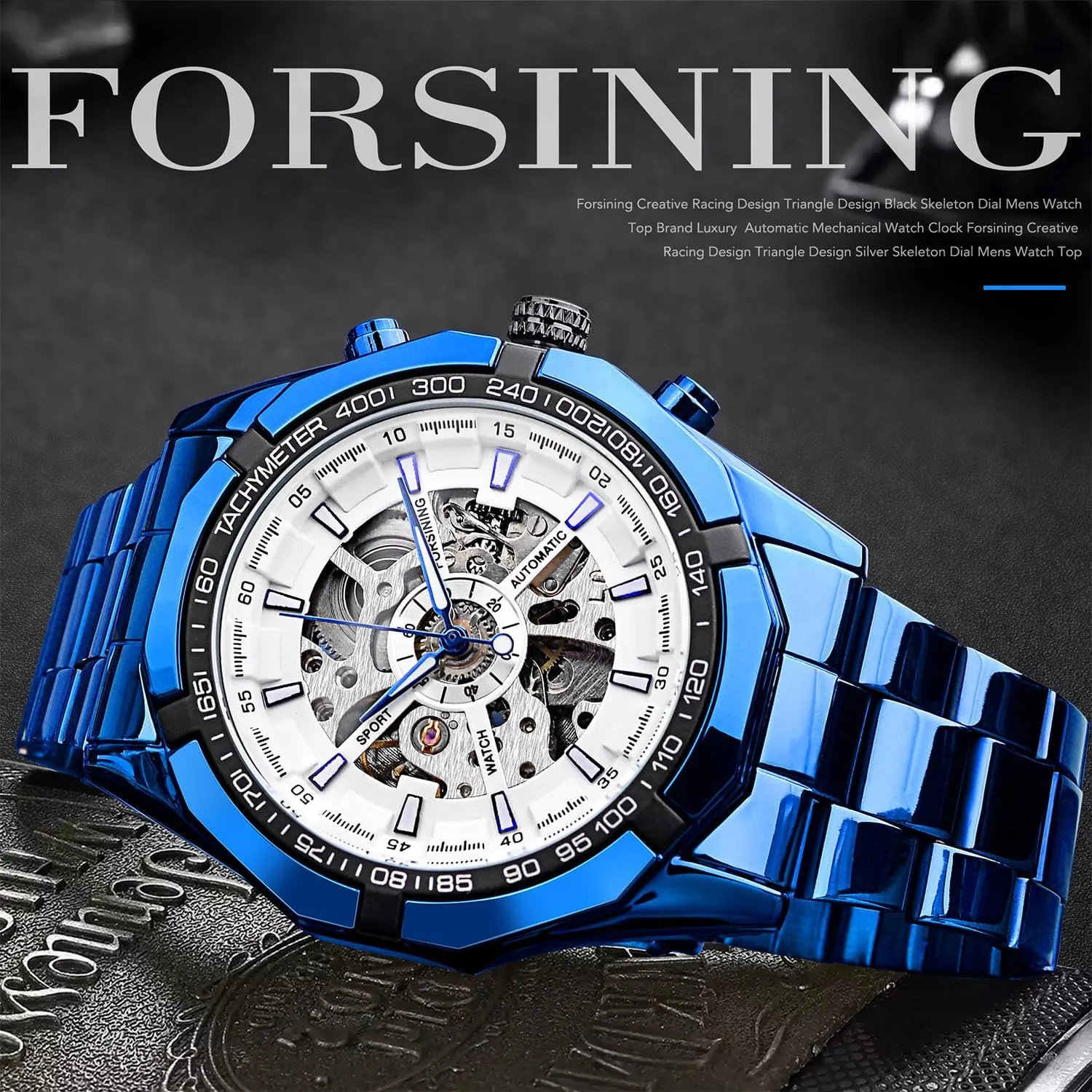 FORSINING Men's Watch Self-Wind Skeleton Hollow Out Mechanical Automatic Luxury Watches, Blue Black Stainless Steel Band Waterproof Wristwatch