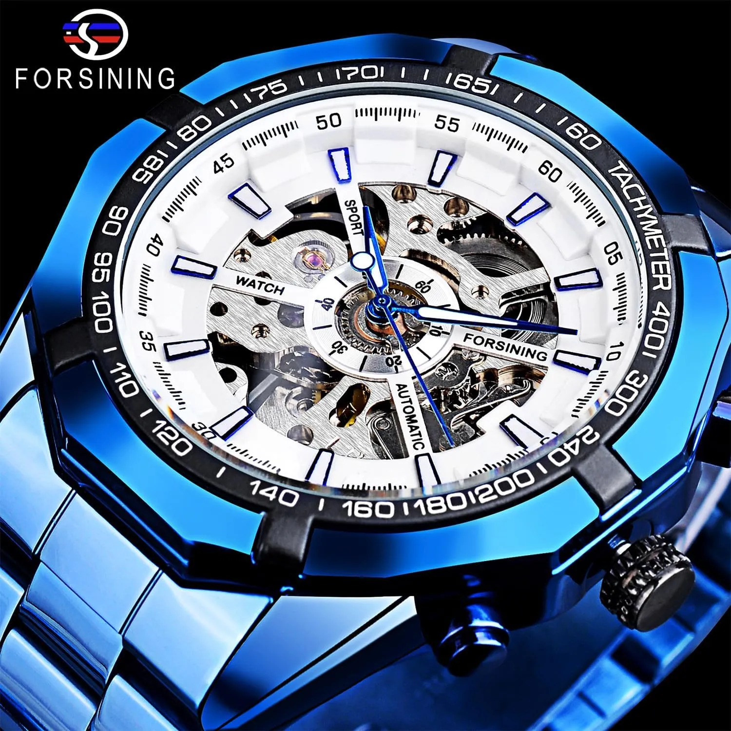 FORSINING Men's Watch Self-Wind Skeleton Hollow Out Mechanical Automatic Luxury Watches, Blue Black Stainless Steel Band Waterproof Wristwatch