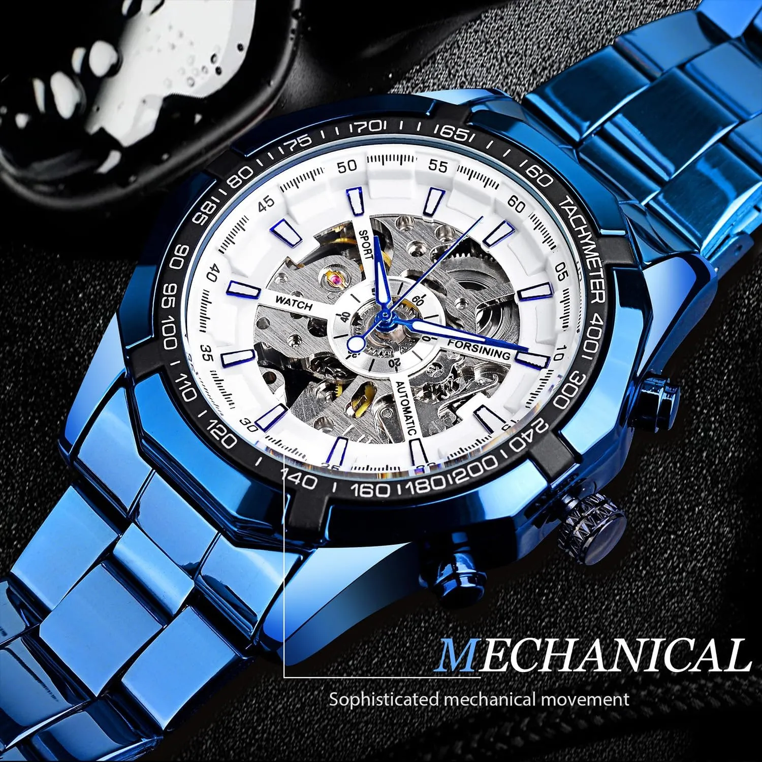 FORSINING Men's Watch Self-Wind Skeleton Hollow Out Mechanical Automatic Luxury Watches, Blue Black Stainless Steel Band Waterproof Wristwatch