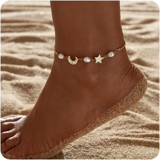 Gold Ankle Bracelets for Women 14k Gold Plated Titanium Steel Waterproof Layered Cuban Link Beaded Heart Star Butterfly Anklets Set Summer Beach Foot Jewelry Anklets for Jewelry Gift