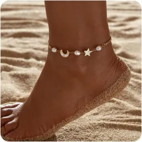 Gold Ankle Bracelets for Women 14k Gold Plated Titanium Steel Waterproof Layered Cuban Link Beaded Heart Star Butterfly Anklets Set Summer Beach Foot Jewelry Anklets for Jewelry Gift