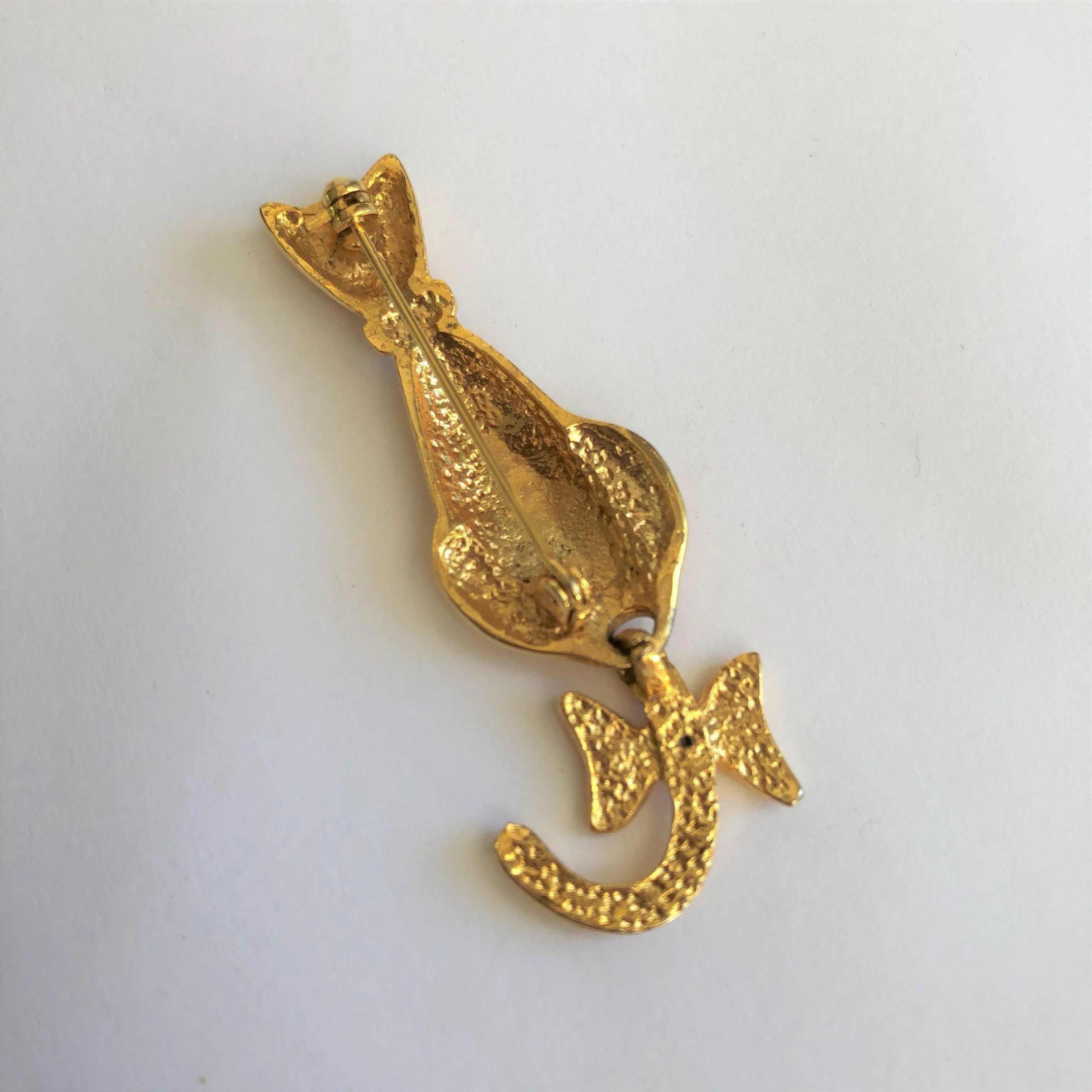 Gold Tone Vintage Cat Brooch, Articulated Tail