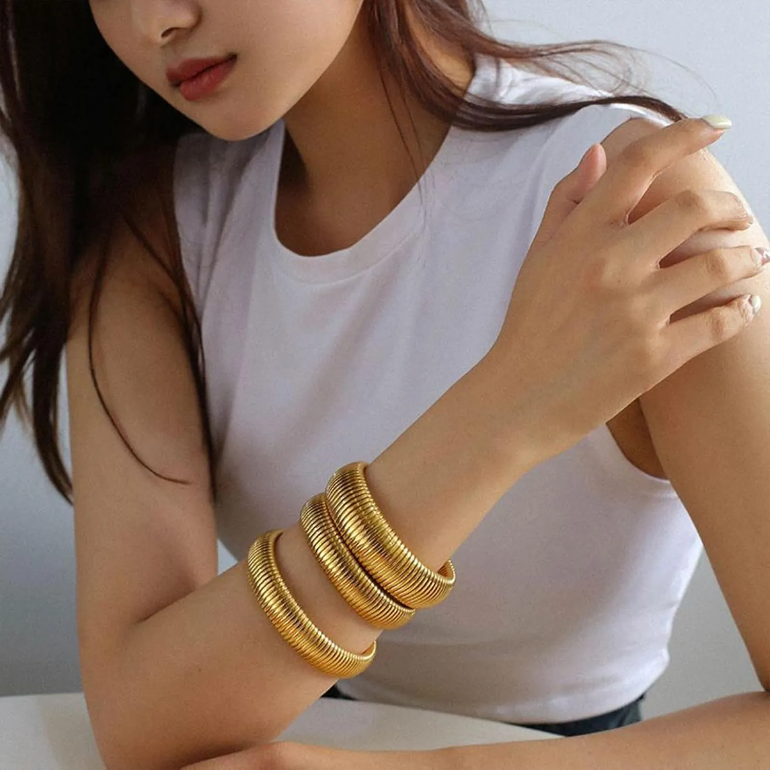 Gold Wide Stackable Bangles for Women Chunky Stretch Gold Plated Stainless Steel Bracelets Flexible Wide Wristband Set of 3 Hypoallergenic Waterproof Jewelry