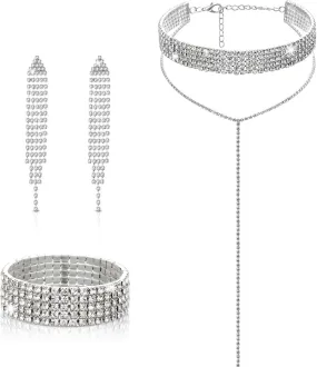 Hicarer 3 Pcs Rhinestone Tassel Jewelry Set, Long Diamond Necklace Stretch Bracelet Tassel Choker Chandelier Dangle Earrings Plated Gothic Long Choker Necklaces