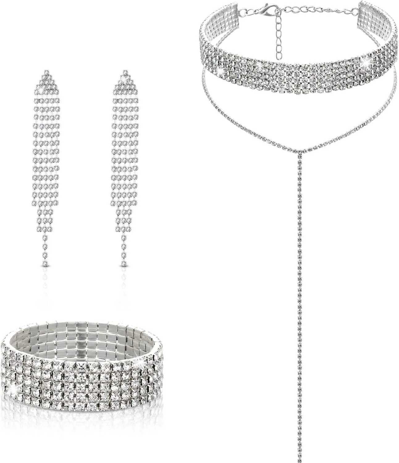 Hicarer 3 Pcs Rhinestone Tassel Jewelry Set, Long Diamond Necklace Stretch Bracelet Tassel Choker Chandelier Dangle Earrings Plated Gothic Long Choker Necklaces