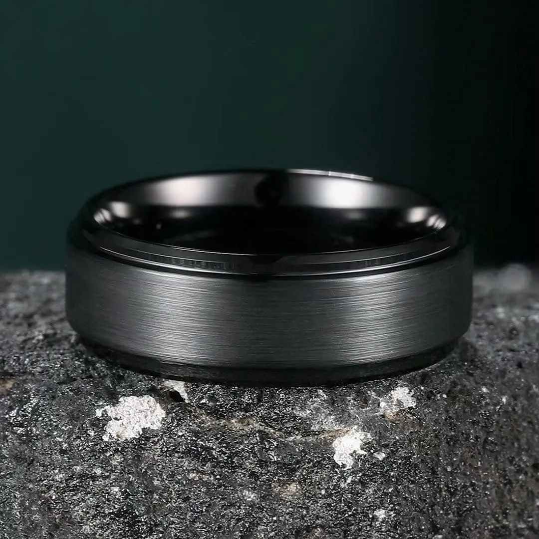 Hioleegi Mens Wedding Bands Tungsten Carbide Rings Basic 8mm Black Matt Classic, Anti-Scracth and Durable for All Occasions to Wear, Beveled Polished Edge Comfortable Fit
