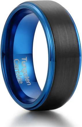 Holizaly 8mm Men's Tungsten Carbide Wedding Ring Blue Concave Groove Engagement Commitment Polished Finishing Comfort Fit Size 6-13