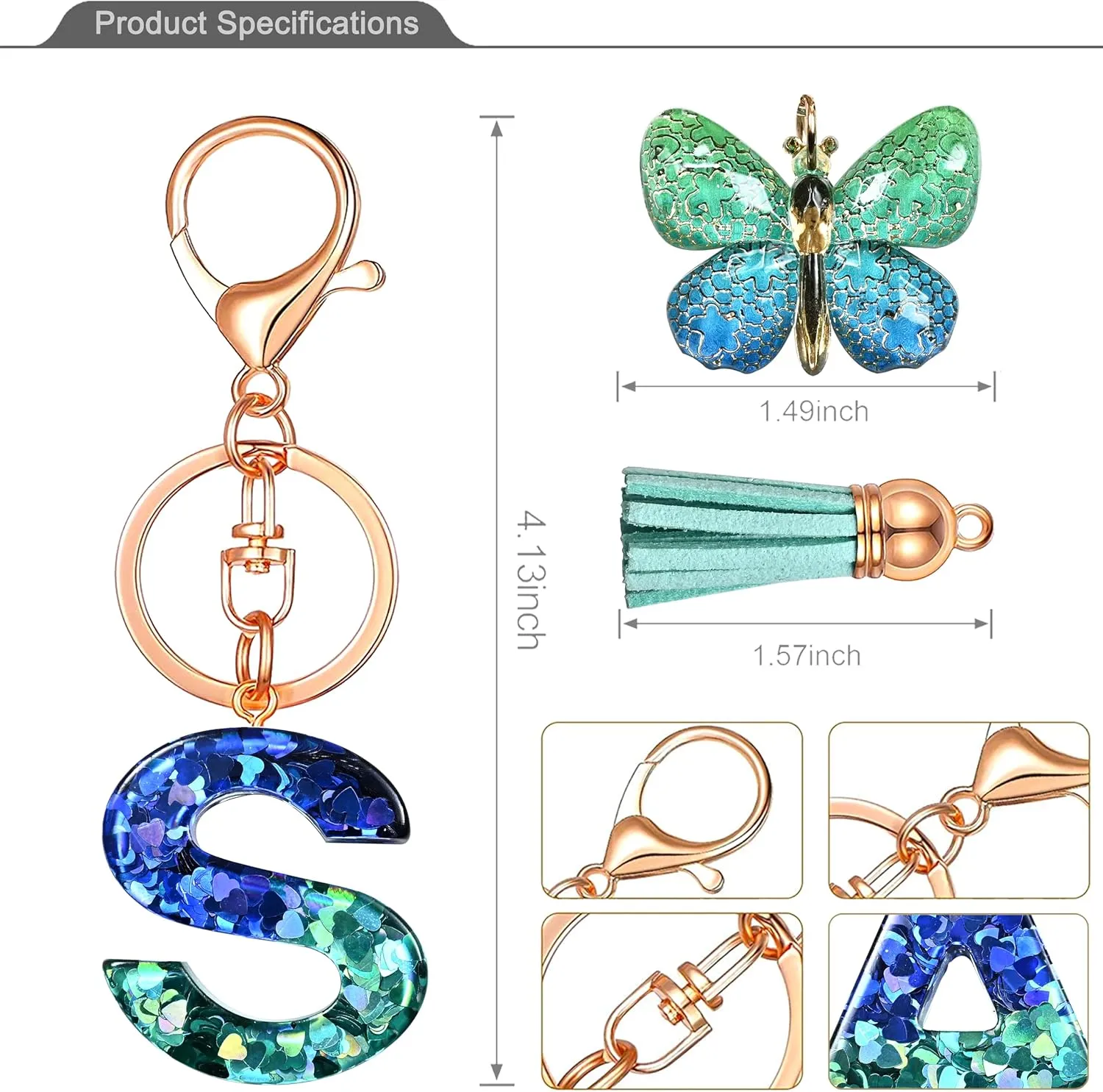 JINGUAZI Initial letter Keychains for Women Tassel Butterfly Pink Purple Cute Car Keychain for Wallet Backpack bag charm