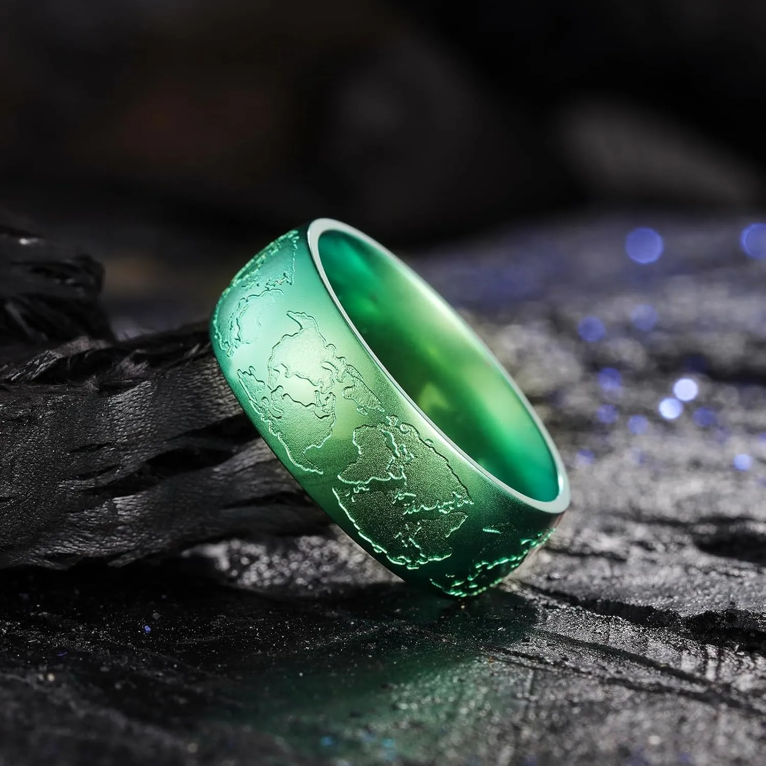 King Will 8mm Titanium Steel Wedding Band For Men - Green Map Corrosion Pattern Arc Classic Fashion Wedding Ring For Daily Wear Comfort Fit, Hypoallergenic Size 7-14