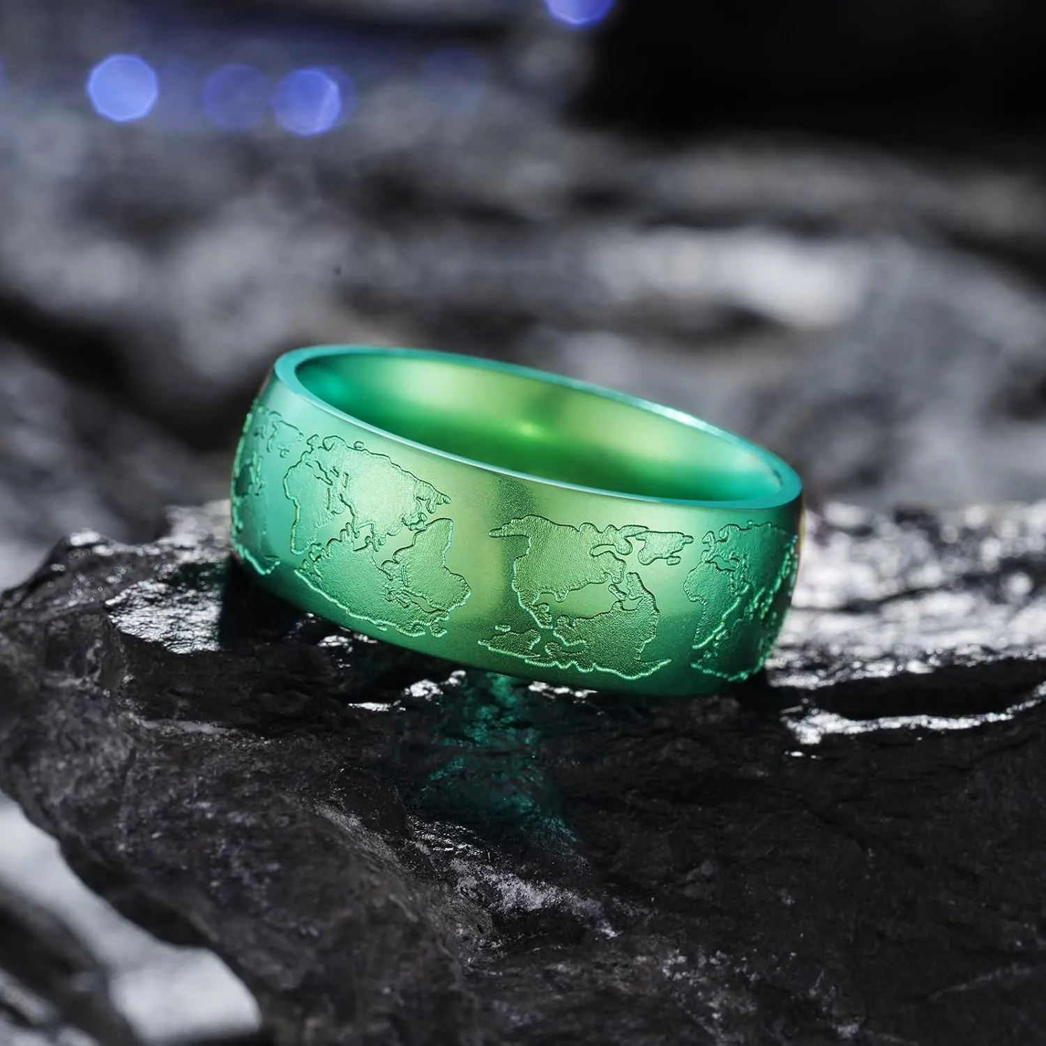 King Will 8mm Titanium Steel Wedding Band For Men - Green Map Corrosion Pattern Arc Classic Fashion Wedding Ring For Daily Wear Comfort Fit, Hypoallergenic Size 7-14