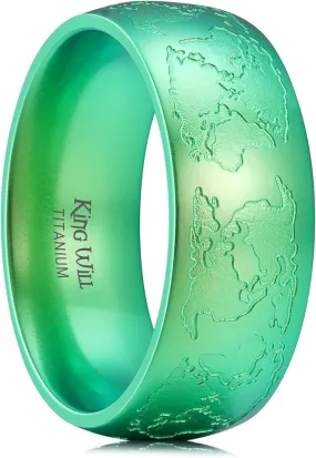 King Will 8mm Titanium Steel Wedding Band For Men - Green Map Corrosion Pattern Arc Classic Fashion Wedding Ring For Daily Wear Comfort Fit, Hypoallergenic Size 7-14