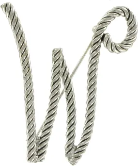 Large Script Silver Tone Rope Initial "W" Pin Brooch 2 1/2" Fashion Brooch for Women Trendy Accessories for Women Stylish Additions