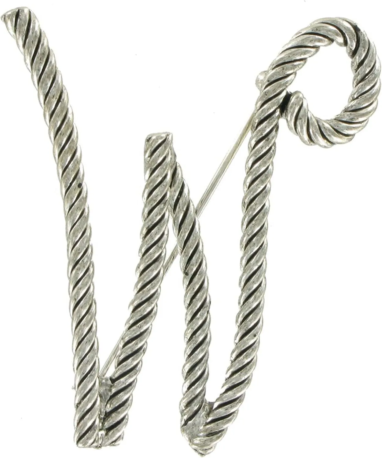 Large Script Silver Tone Rope Initial "W" Pin Brooch 2 1/2" Fashion Brooch for Women Trendy Accessories for Women Stylish Additions