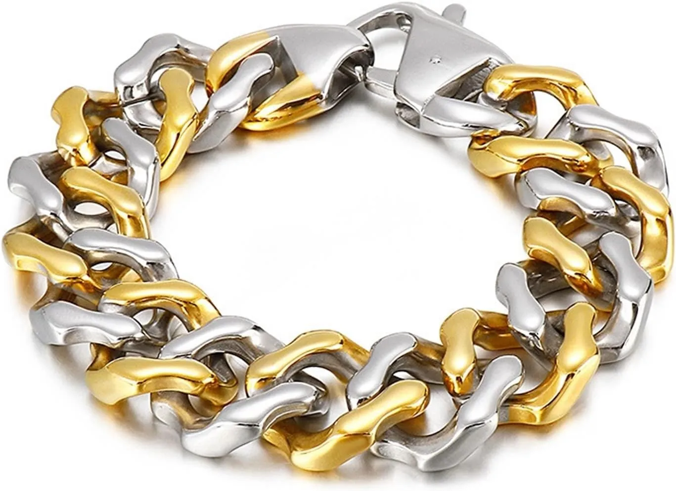 Mens Bracelets Beads Silver Gold, Link Bracelets Two-Color Color Matching Stainless Steel Metal Bracelets for Men 215X19mm