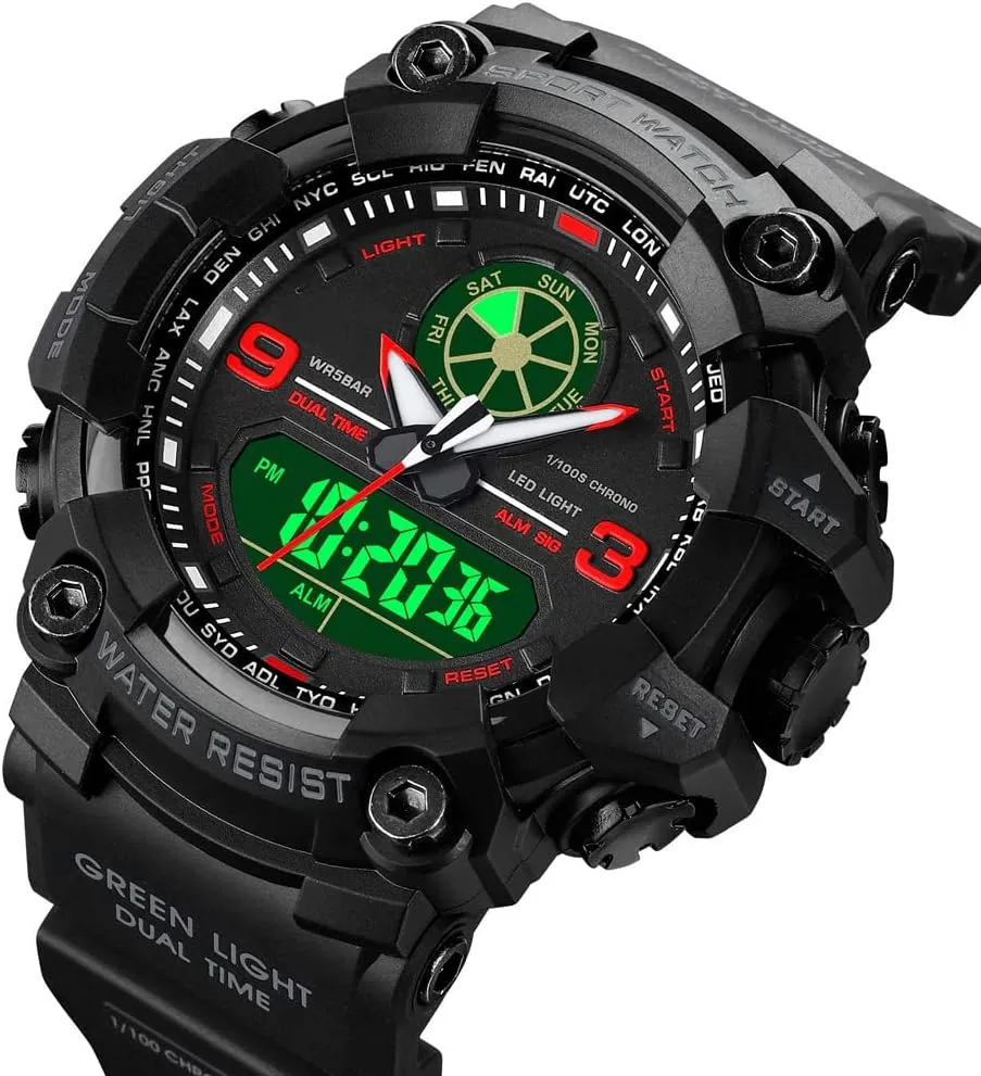 Mens Military Watches for Men, Men's Wrist Watches, Analog Digital Watch Stop Watches for Sports, Large Dual Time 12/24H Gifts for Him