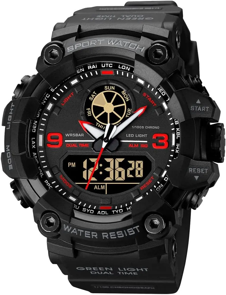 Mens Military Watches for Men, Men's Wrist Watches, Analog Digital Watch Stop Watches for Sports, Large Dual Time 12/24H Gifts for Him