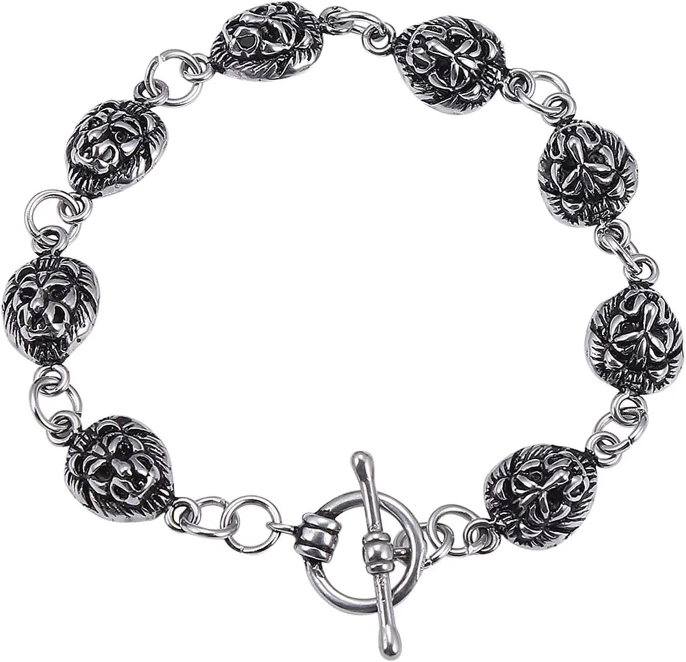 Metal Bracelets for Men Silver, Chain Bracelets Lion Head Stainless Steel Mens Bracelets for Larger Wrists