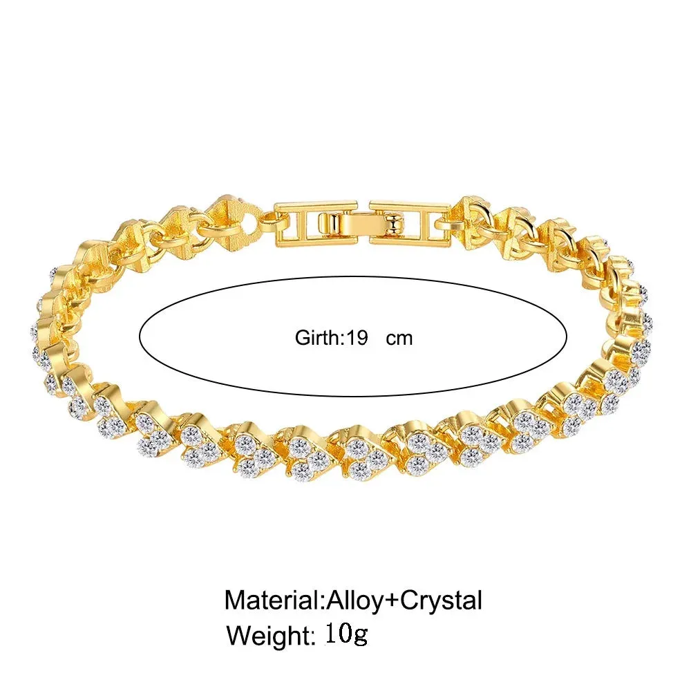 Modern Luxury Roman Crystal Heart Chain Bracelets for Women Shiny Bangle Silver Gold Rose Gold Jewelry Accessories