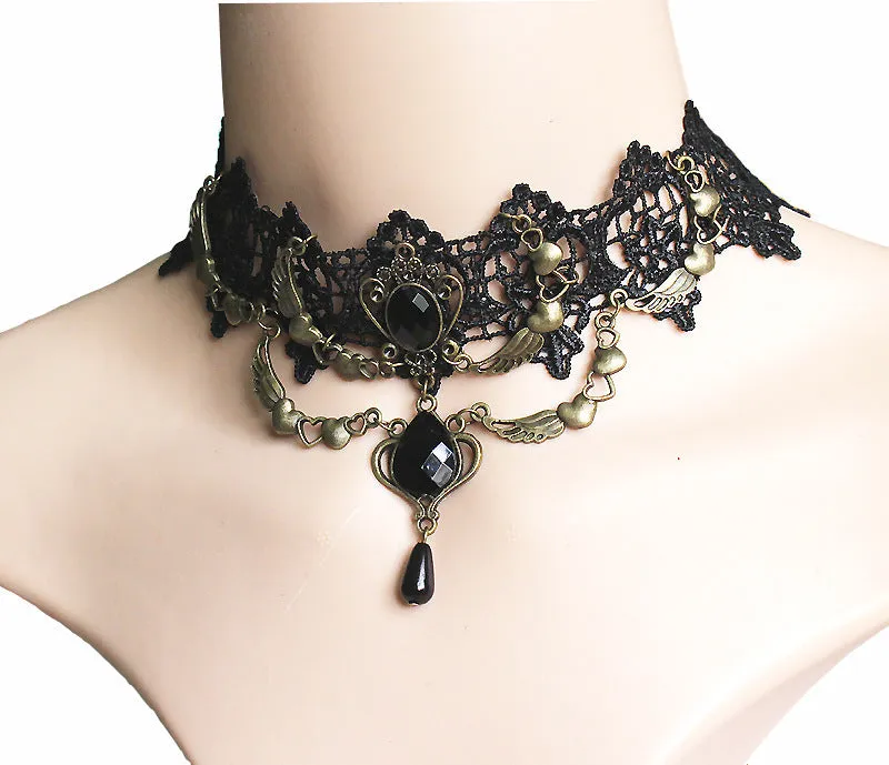 Nightclub Lace Heart Necklace with Gemstone Wing Pendant